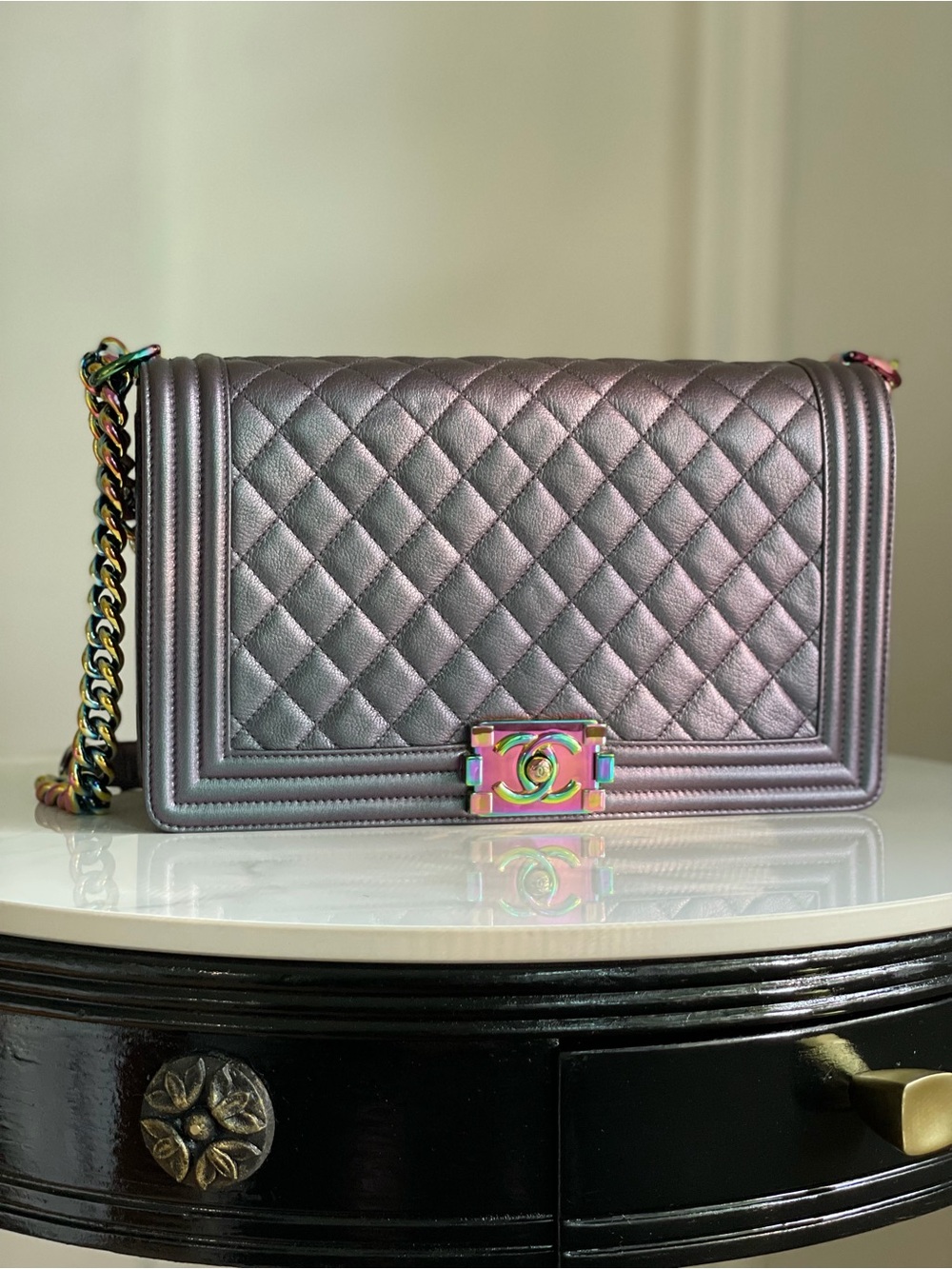 CHANEL Mermaid Iridescent Quilted Boy Bag - Lavender Metallic - New Medium